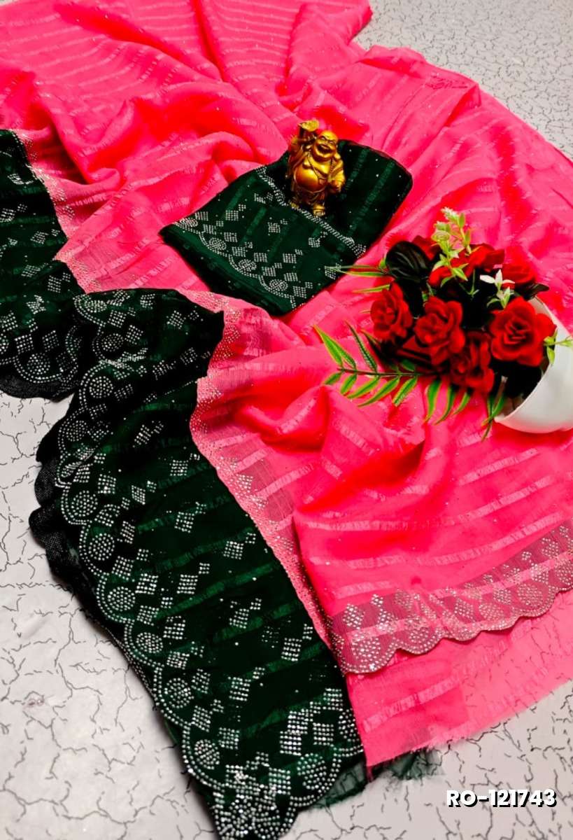 Fancy Stone Work Soft Silk Saree Full Same Color Border Contrast Color with blouse modern fancy item sarees - LIGHT PINK