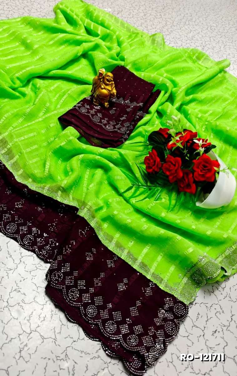 Fancy Stone Work Soft Silk Saree Full Same Color Border Contrast Color with blouse modern fancy item sarees - PARET GREEN