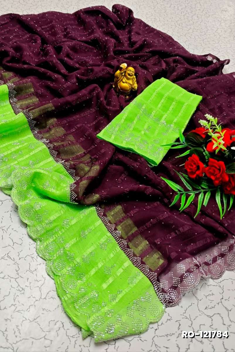 Fancy Stone Work Soft Silk Saree Full Same Color Border Contrast Color with blouse modern fancy item sarees - WINE COLOUR