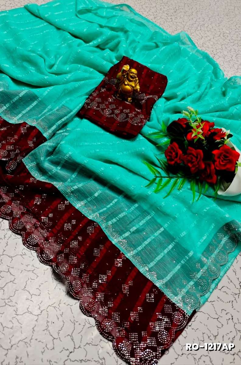 Fancy Stone Work Soft Silk Saree Full Same Color Border Contrast Color with blouse modern fancy item sarees - REXONA