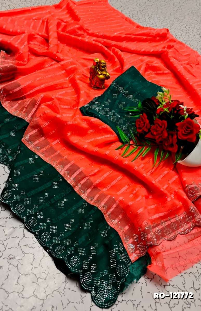 Fancy Stone Work Soft Silk Saree Full Same Color Border Contrast Color with blouse modern fancy item sarees - CORAL COLOUR