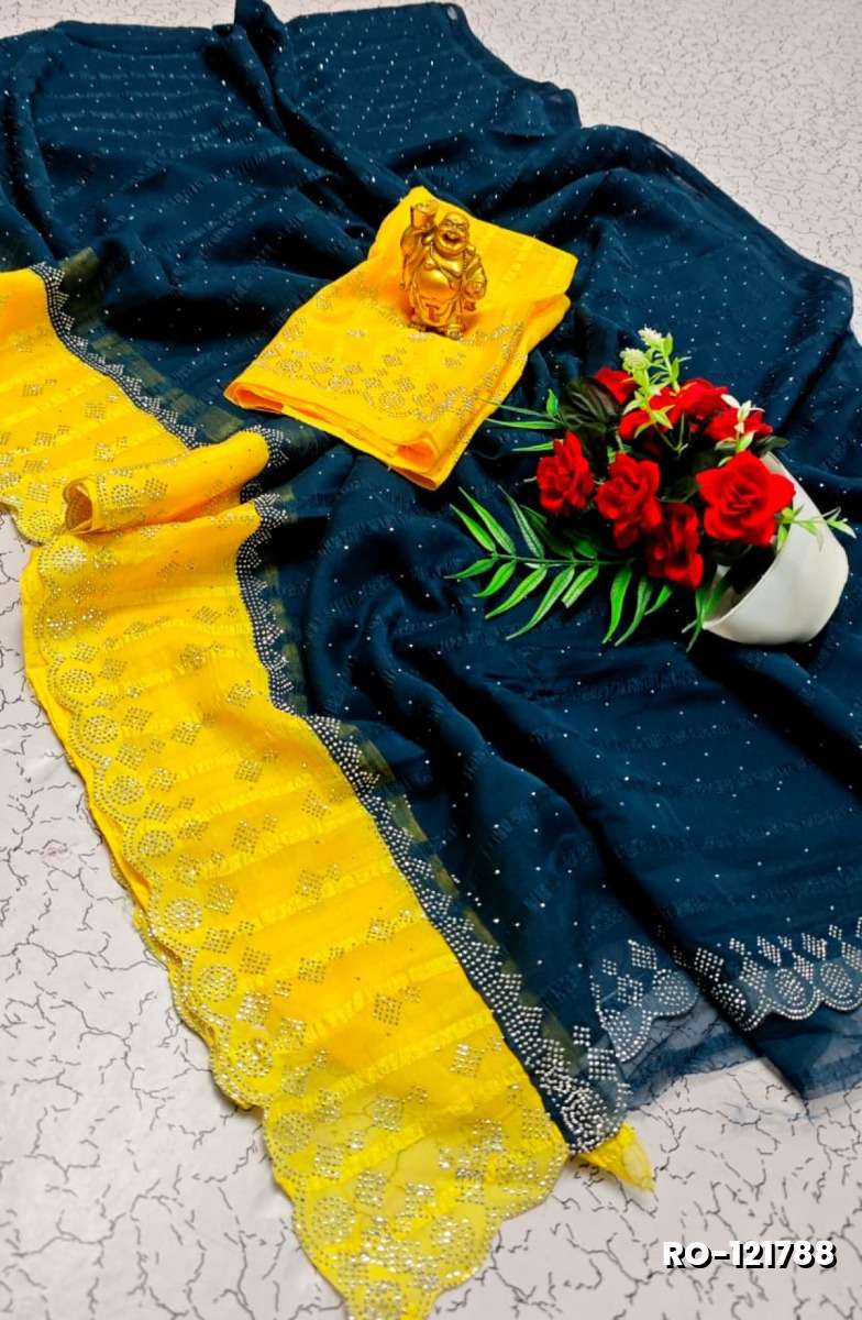 Fancy Stone Work Soft Silk Saree Full Same Color Border Contrast Color with blouse modern fancy item sarees - PEACKOK BLUE