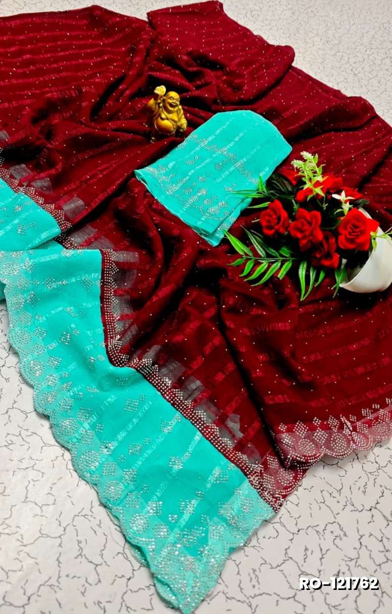 Fancy Stone Work Soft Silk Saree Full Same Color Border Contrast Color with blouse modern fancy item sarees - MAROON COLOR