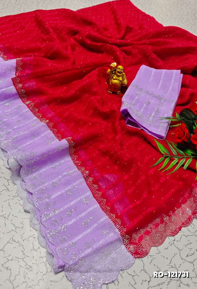 Fancy Stone Work Soft Silk Saree Full Same Color Border Contrast Color with blouse modern fancy item sarees - DARK PINK