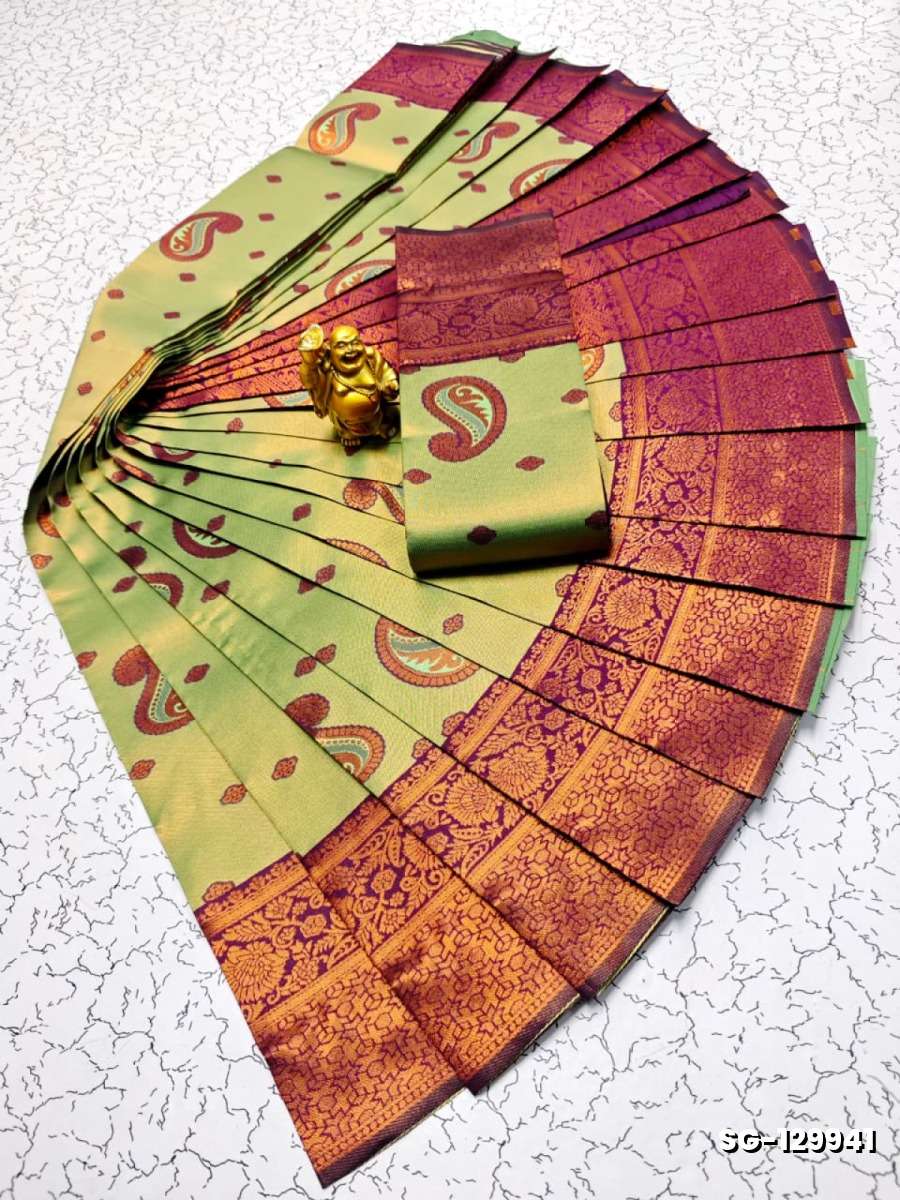 Premium kubera pattu saree rapier fancy  light weight silk mango design saree - LIGHT GREEN
