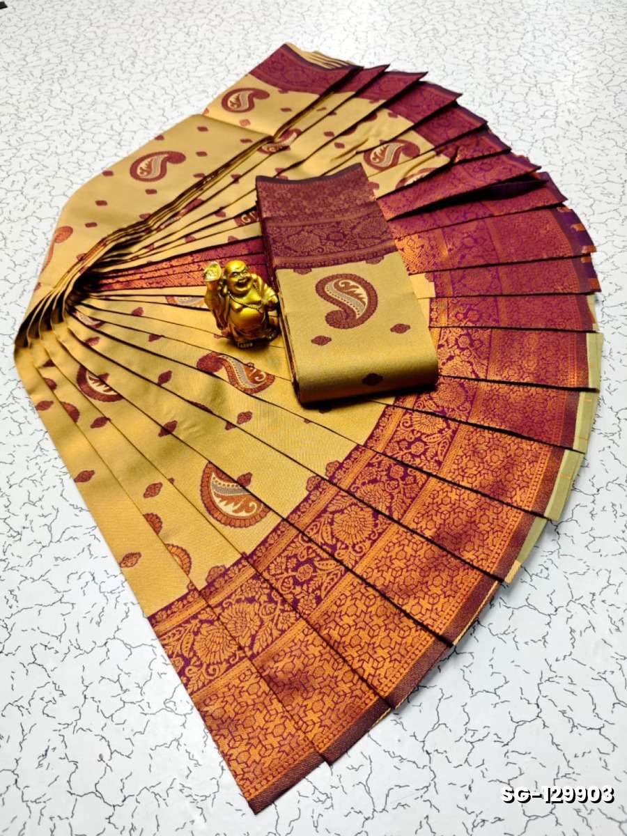 Premium kubera pattu saree rapier fancy  light weight silk mango design saree - GOLD
