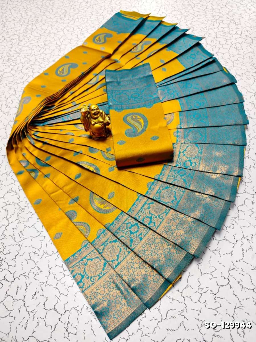 Premium kubera pattu saree rapier fancy  light weight silk mango design saree - LIGHT YELLOW