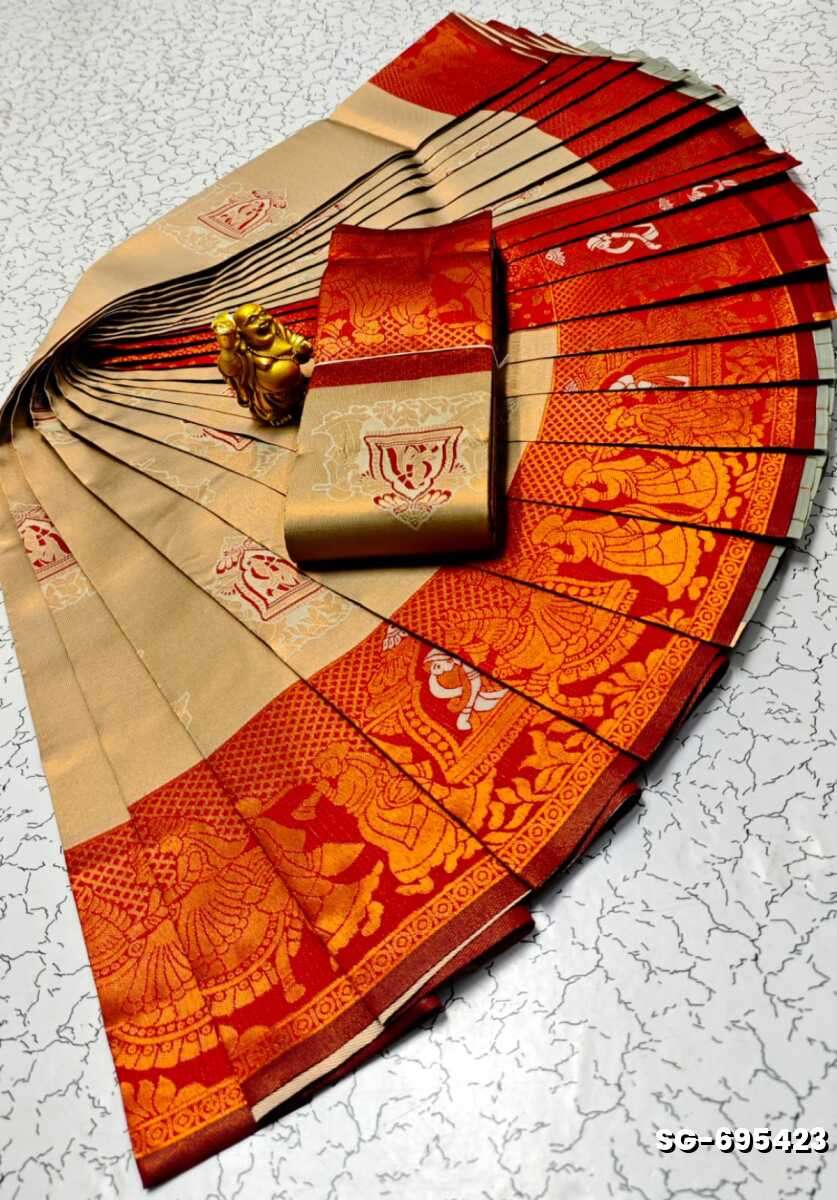 Premium kubera pattu saree rapier fancy  light weight silk pallakku design saree - LIGHT SANDLE (1)