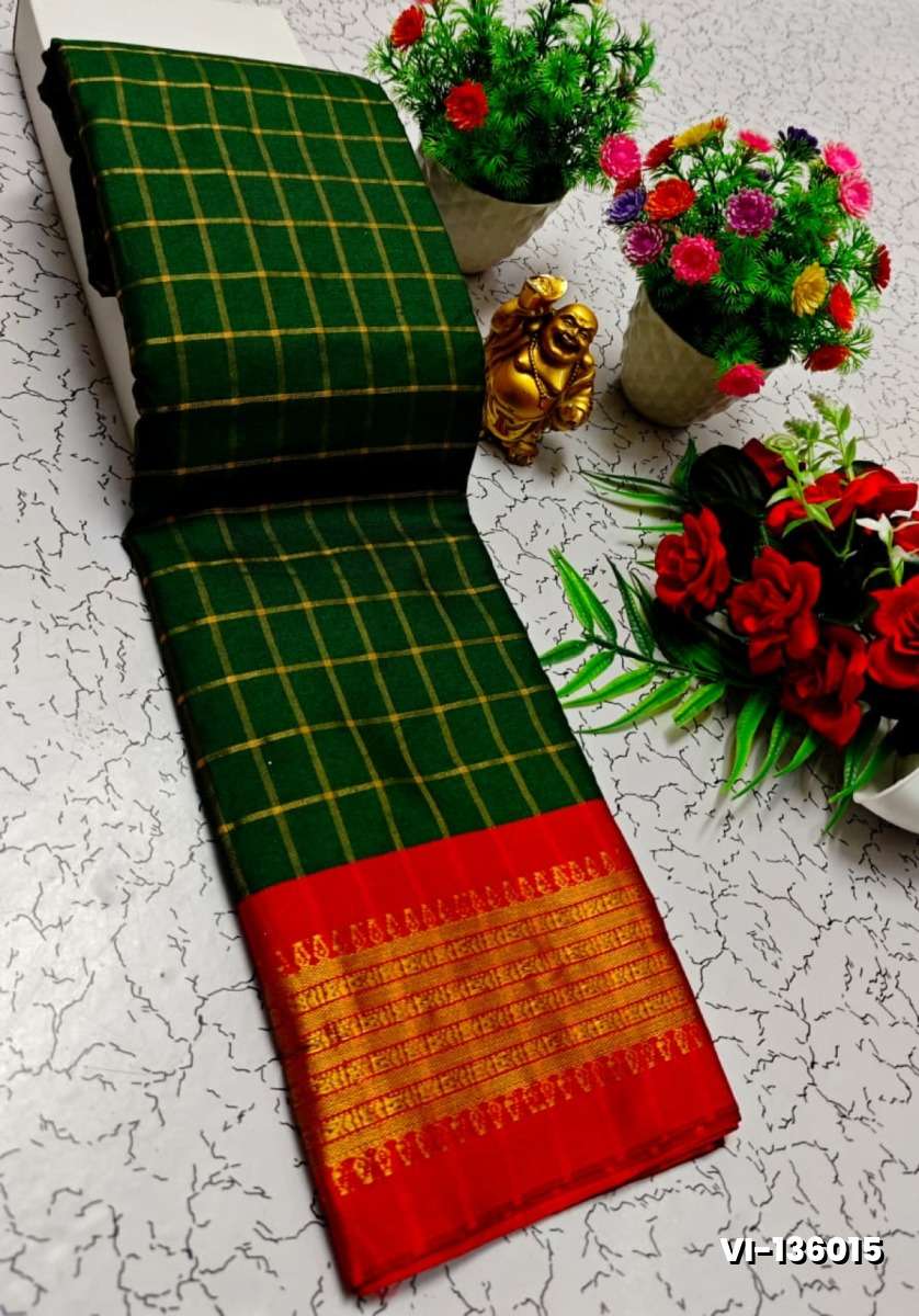 Traditional Checked Silk Saree Premium Design Border Zari Design - GREEN