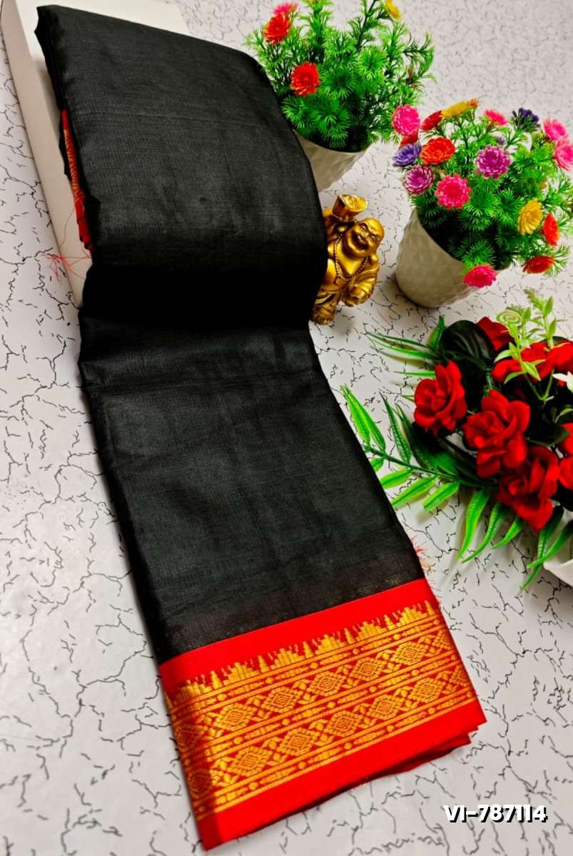 Traditional Plain Silk Saree Premium Design Border Zari Design - BLACK