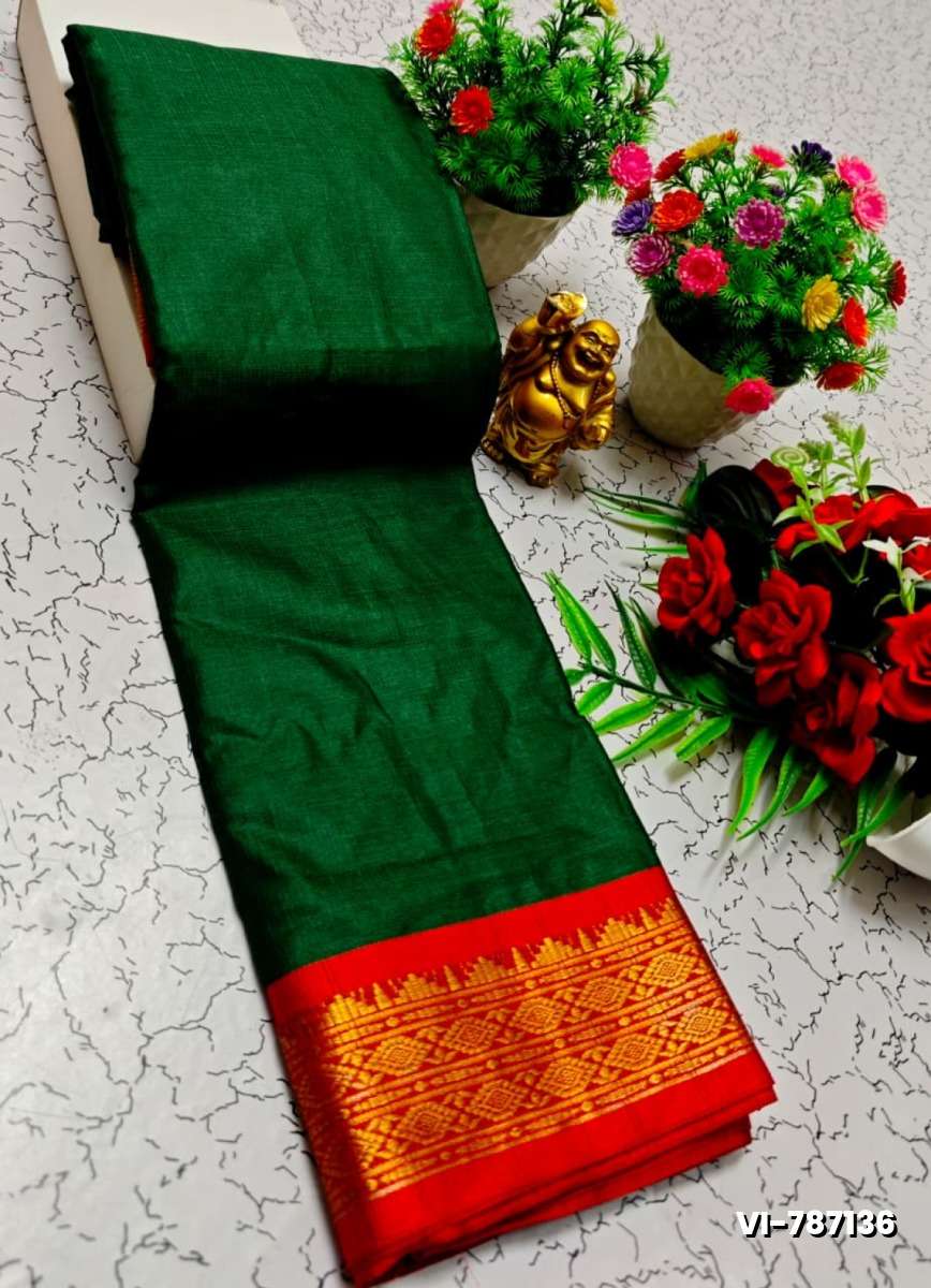 Traditional Plain Silk Saree Premium Design Border Zari Design - BOTTLE GREEN