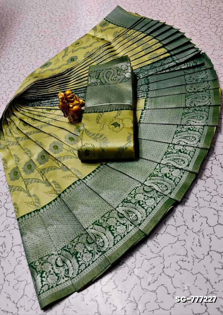 Premium kubera pattu saree rapier fancy  light weight silk type sarees flower design function wear - MEHENDHI GREEN