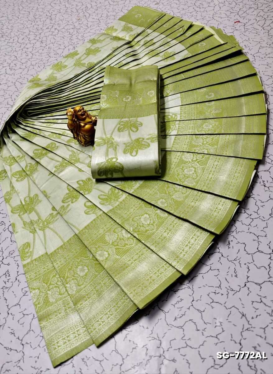 Premium kubera pattu saree rapier fancy  light weight silk type sarees flower design function wear - LITE GREEN
