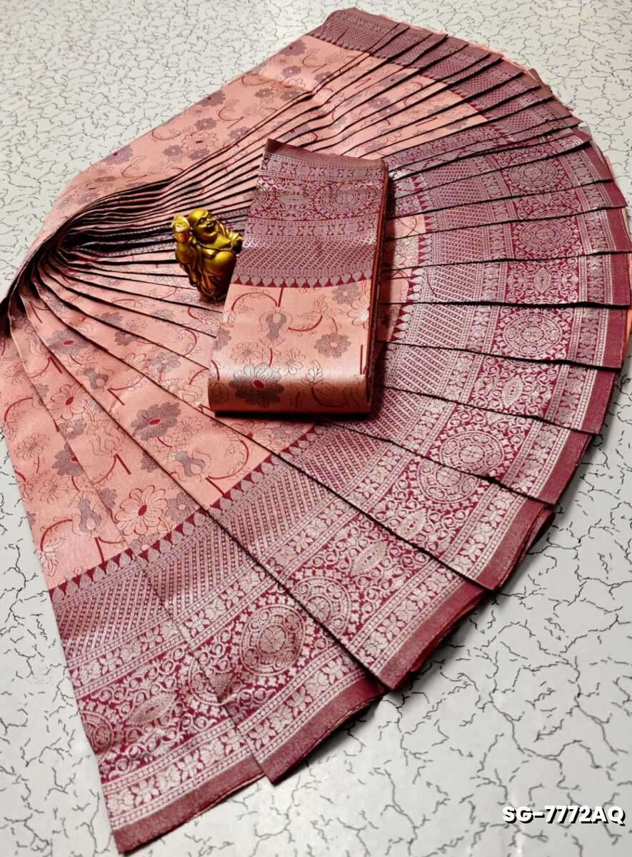 Premium kubera pattu saree rapier fancy  light weight silk type sarees flower design function wear - LITE PEACH