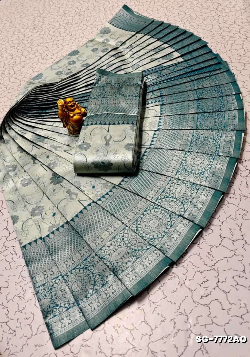 Premium kubera pattu saree rapier fancy  light weight silk type sarees flower design function wear - ICE BLUE