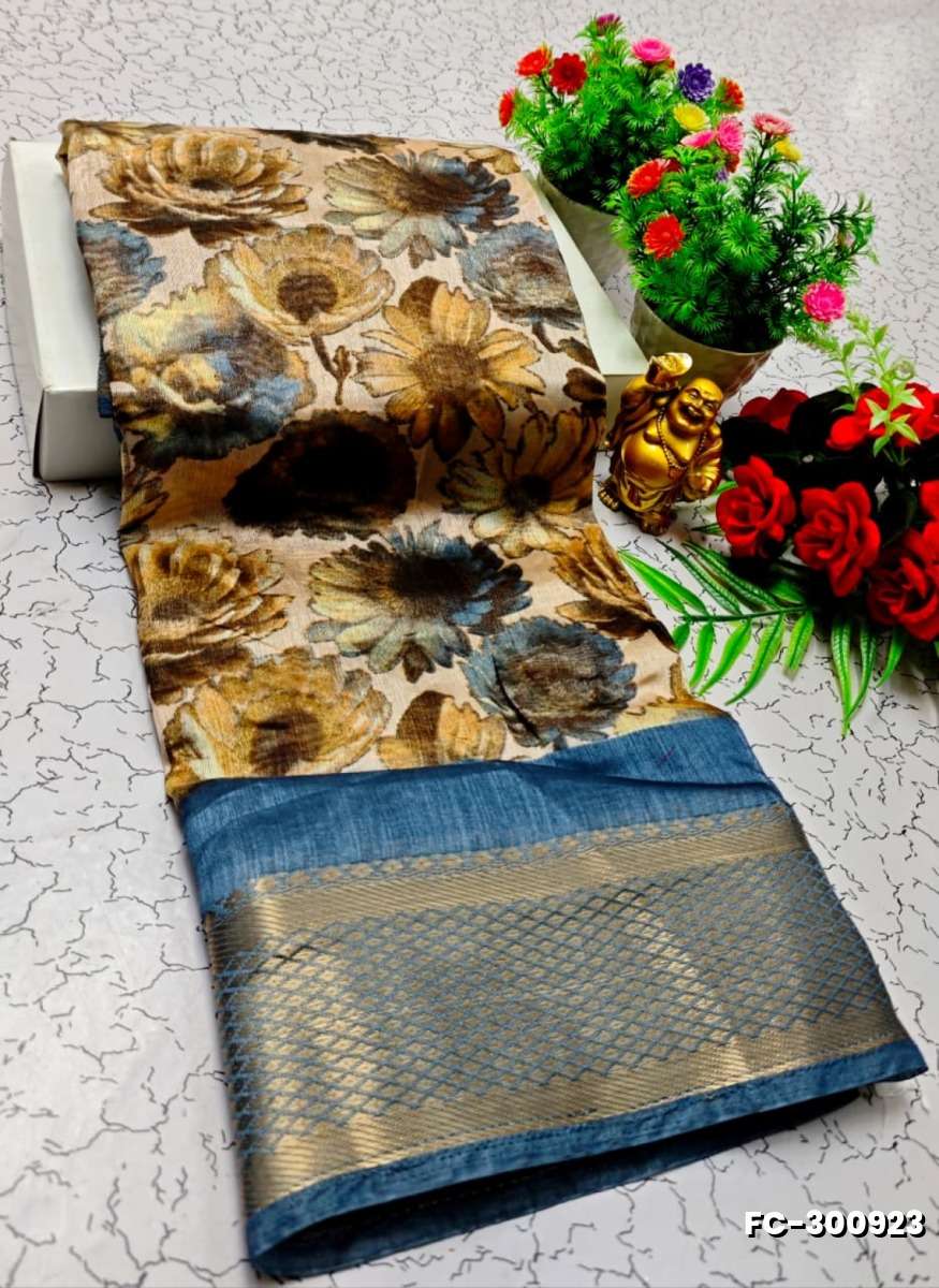 Fancy print office wear cotton sarees all over body flower design pattern design premium look lightweight comfortable wear - LIGHT SANDLE