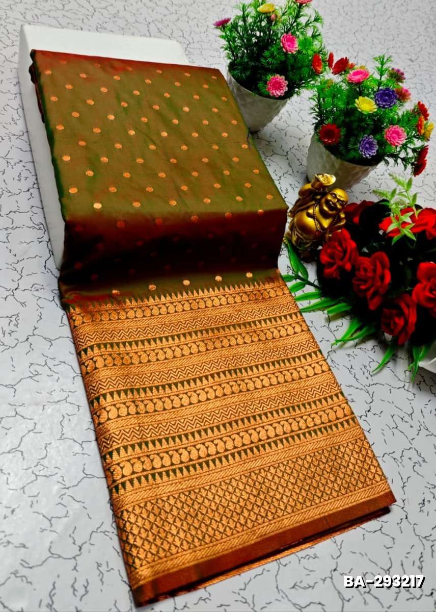 1000 Butta premium Soft Silk Saree weddings, festivals, traditional Wear - OLIVE GREEN