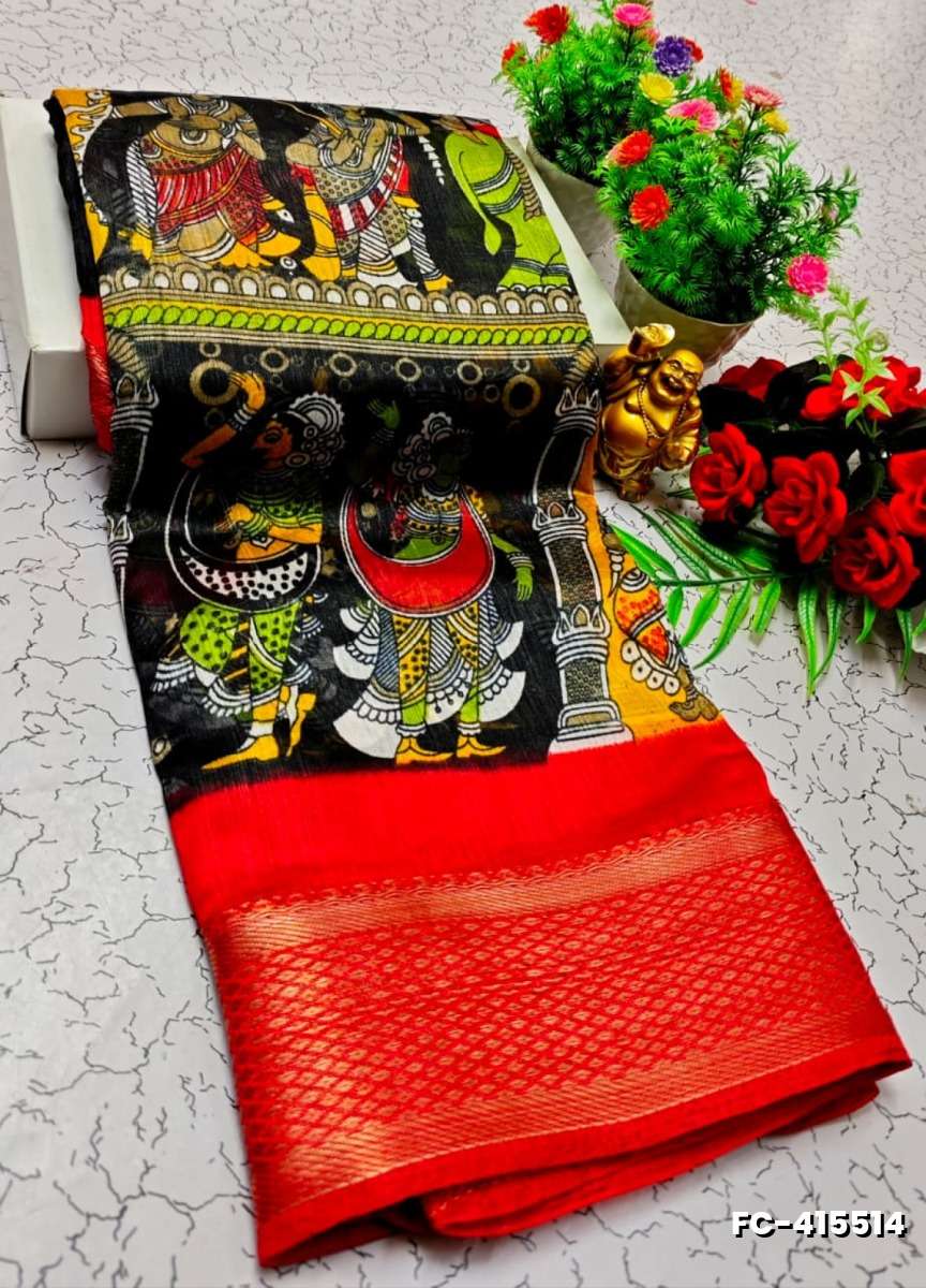 Fancy print office wear cotton sarees all over body kalamkari  pattern design premium look lightweight comfortable wear - BLACK (1)