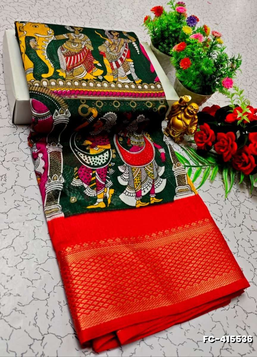 Fancy print office wear cotton sarees all over body kalamkari  pattern design premium look lightweight comfortable wear - BOTTLE GREEN (1)