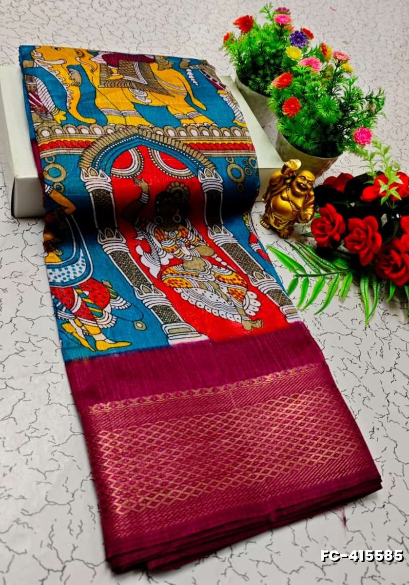 Fancy print office wear cotton sarees all over body kalamkari  pattern design premium look lightweight comfortable wear - BLUE SHADE