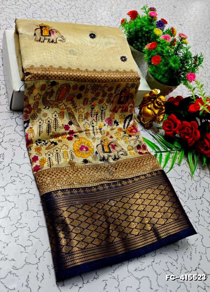 Fancy print office wear cotton sarees all over body kalamkari  pattern design premium look lightweight comfortable wear - LIGHT SANDLE