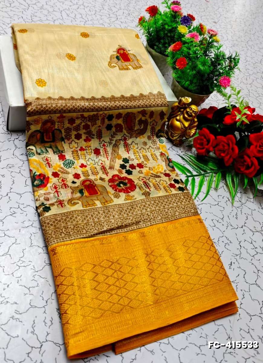 Fancy print office wear cotton sarees all over body kalamkari  pattern design premium look lightweight comfortable wear - CREAM