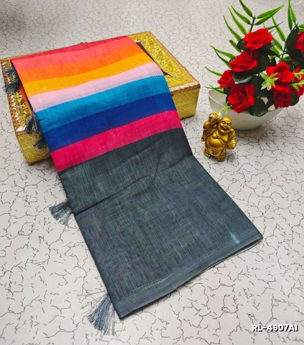 Rain bow Pattern Soft Linen Cotton Saree traditional look collection - MULTI COLOR