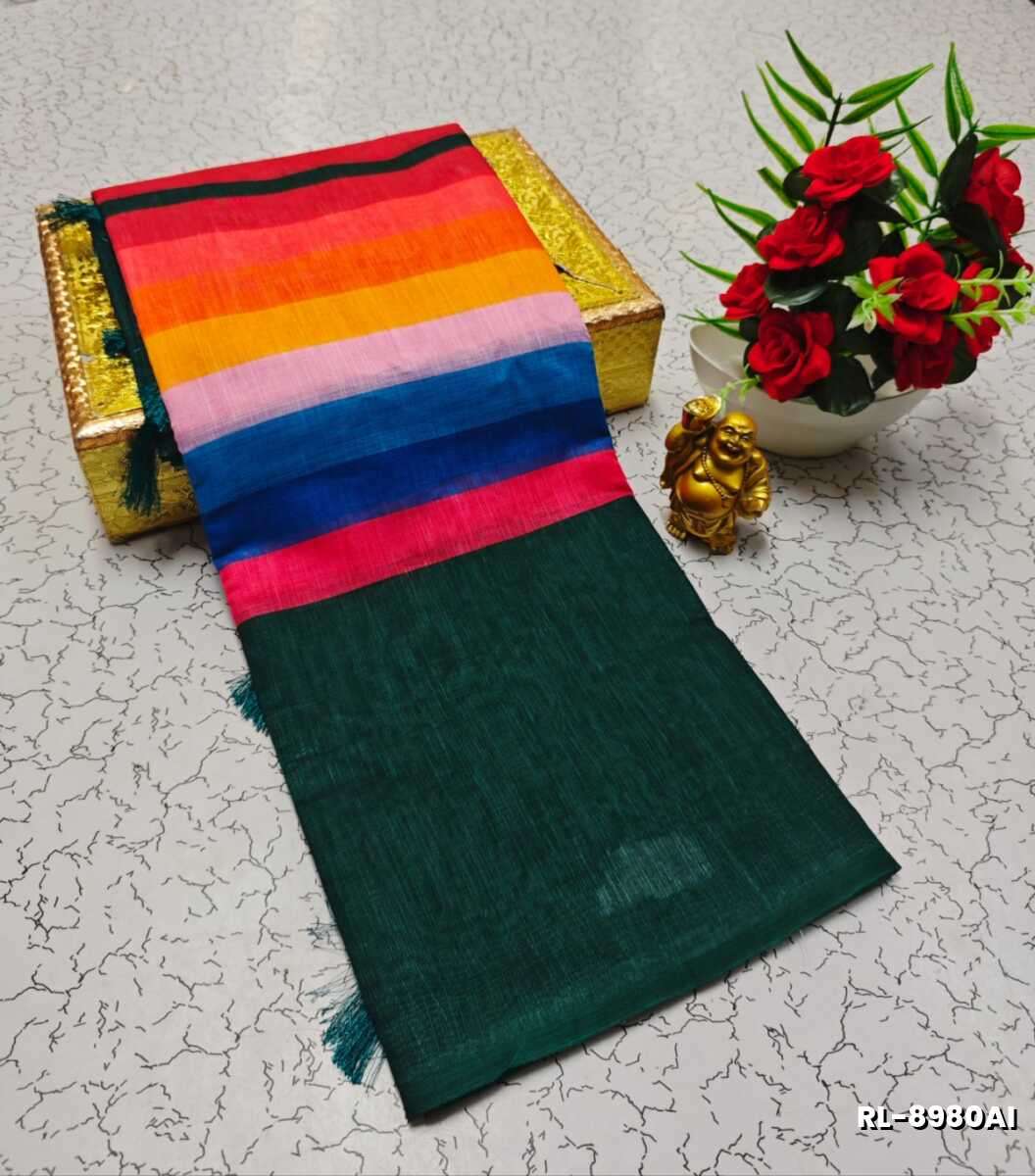 Rain bow Pattern Soft Linen Cotton Saree traditional look collection - MULTI COLOR (2)