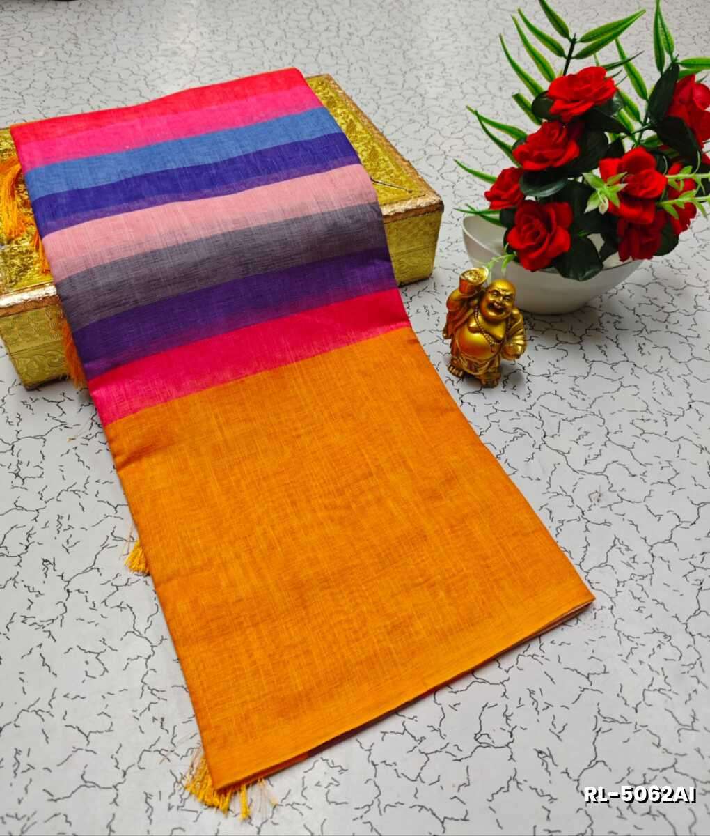 Rain bow pattern soft linen cotton saree traditional look collection - MULTI COLOR (3)