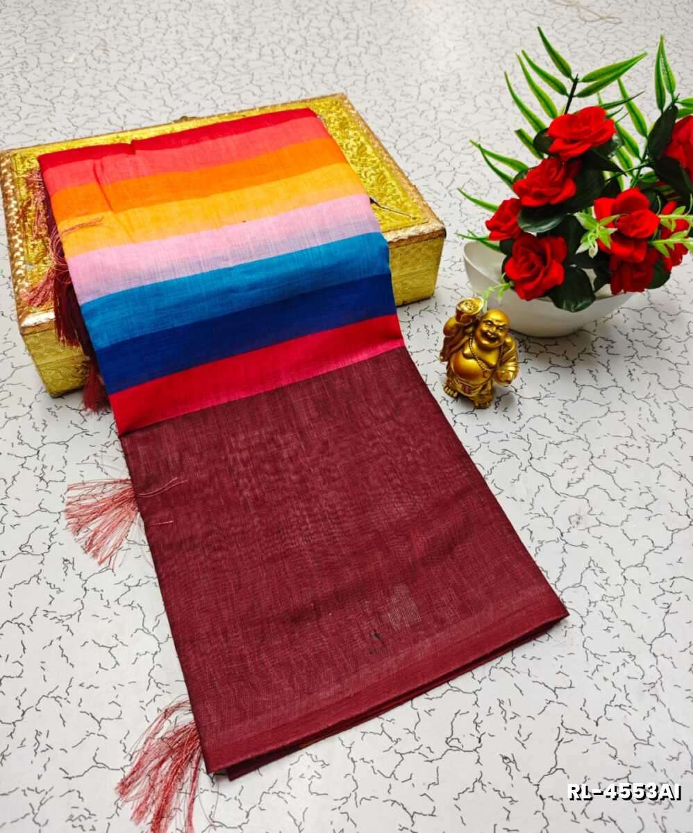Rain bow pattern soft linen cotton saree traditional look collection - MULTI COLOR (4)