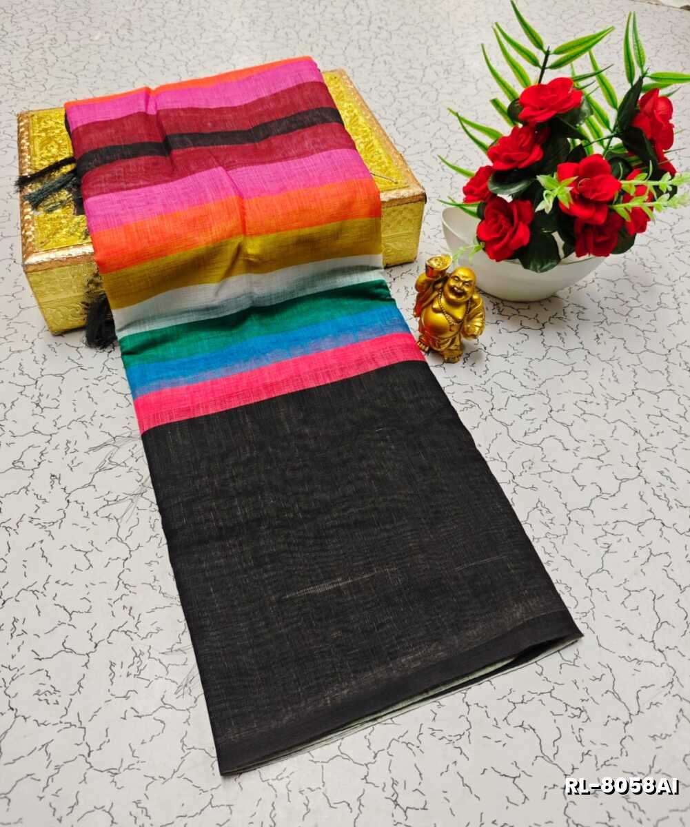 Rain bow Pattern Soft Linen Cotton Saree traditional look collection - MULTI COLOR (5)