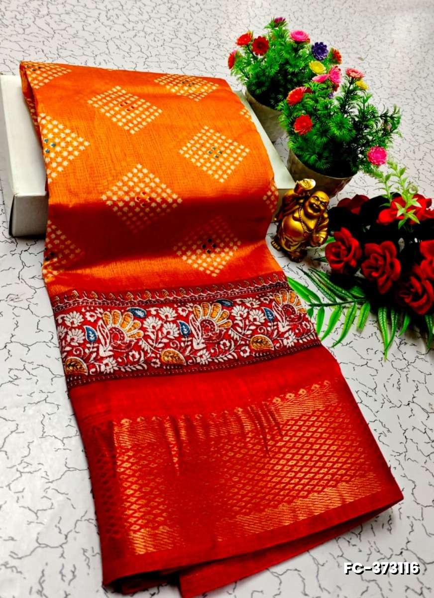 Fancy print office wear cotton sarees all over body diamond pattern design premium look lightweight comfortable wear - ORANGE