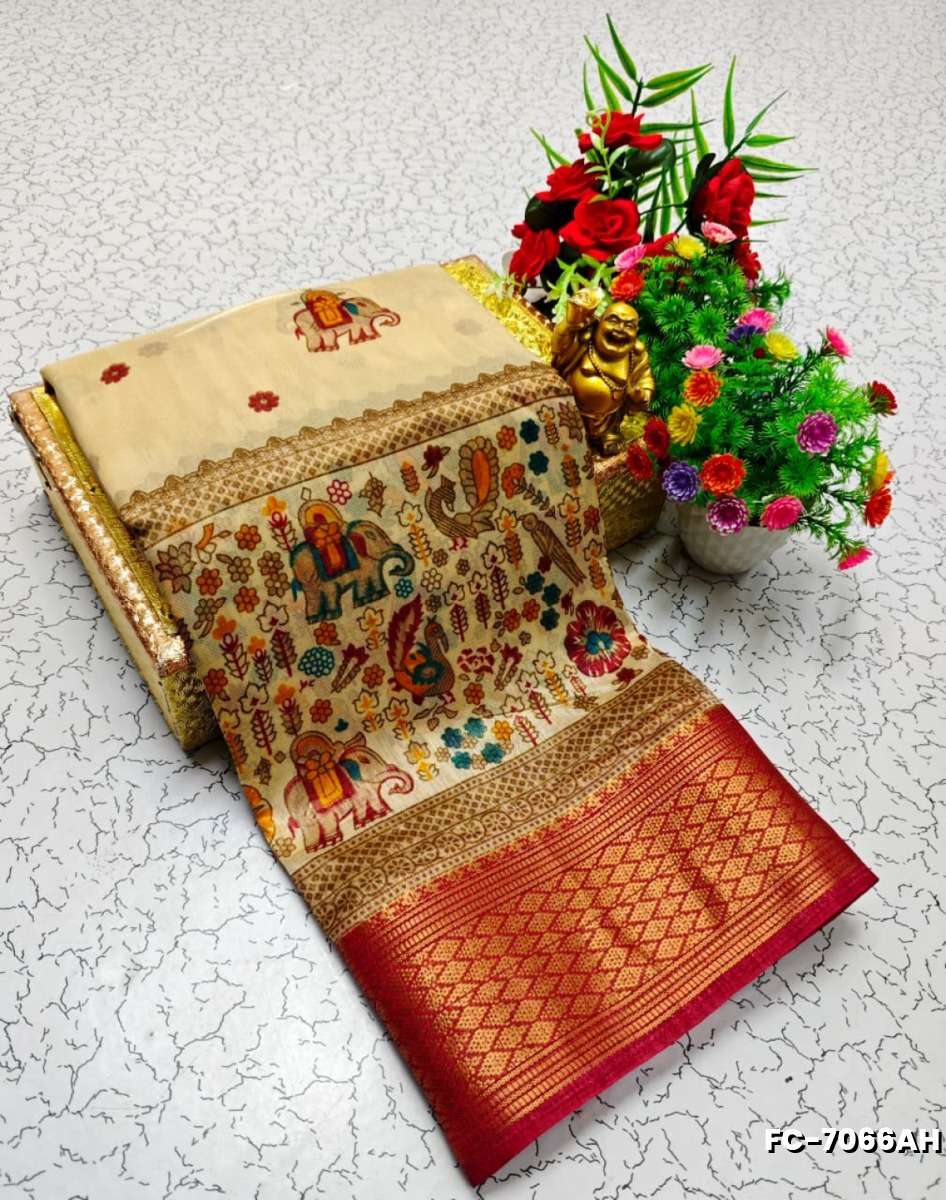 Fancy print office wear cotton sarees all over body kalamkari  pattern design premium look lightweight comfortable wear - SANDLE (1)
