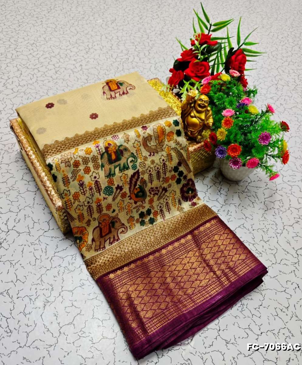 Fancy print office wear cotton sarees all over body kalamkari  pattern design premium look lightweight comfortable wear - LIGHT GOLD (1)