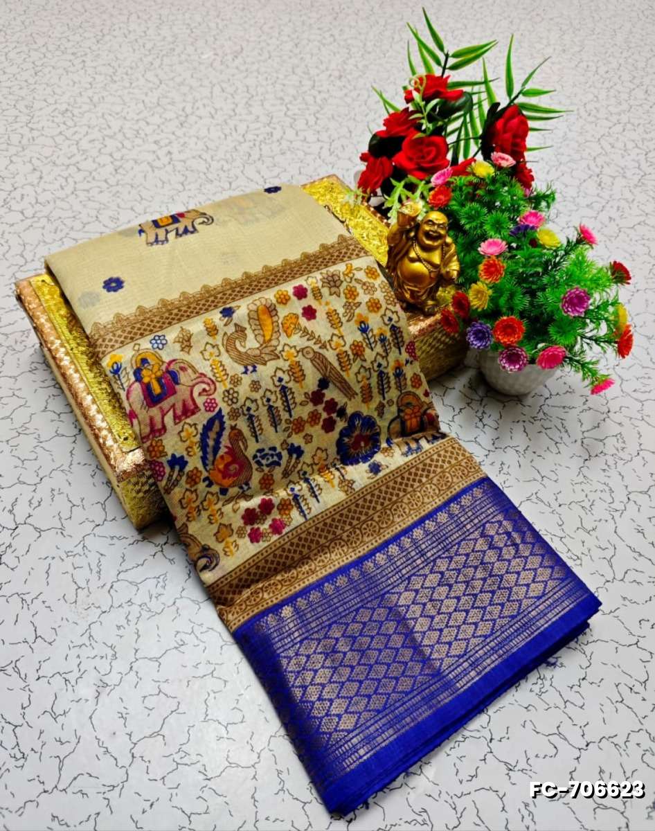 Fancy print office wear cotton sarees all over body kalamkari  pattern design premium look lightweight comfortable wear - LIGHT SANDLE (1)