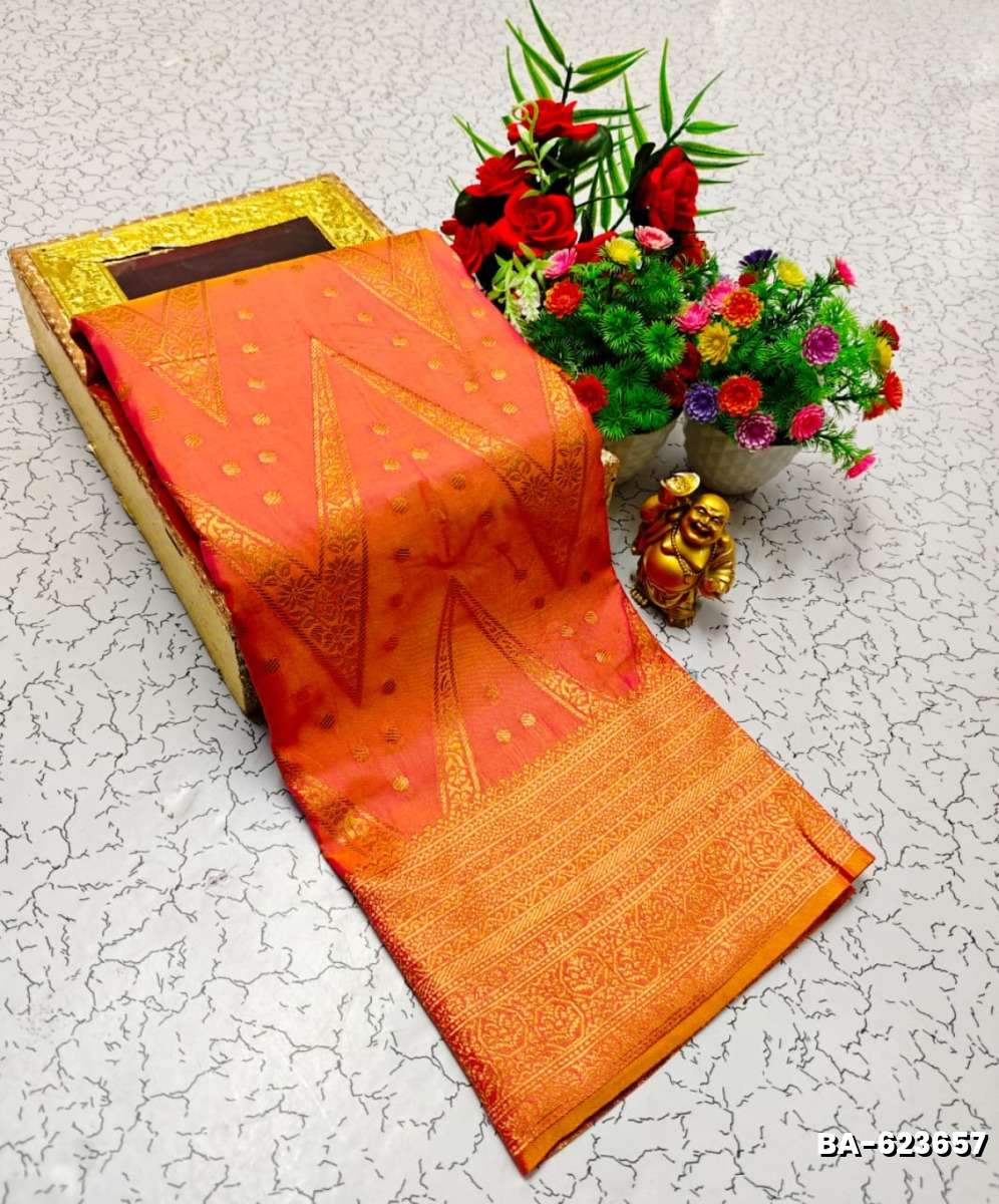 1000 Butta premium Soft Silk Saree weddings, festivals, traditional Wear - LIGHT ORANGE