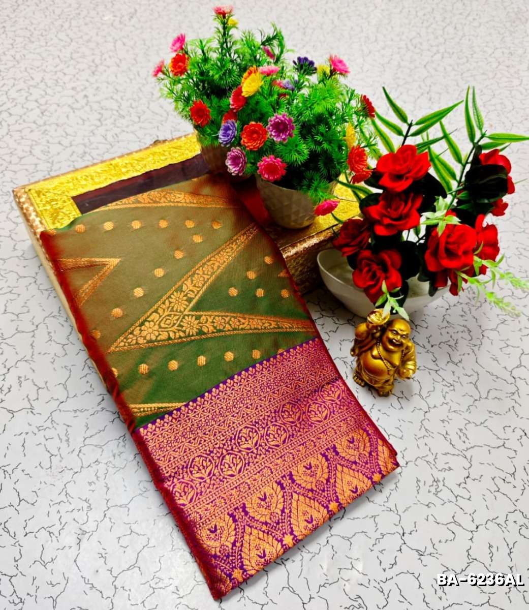 1000 Butta premium Soft Silk Saree weddings, festivals, traditional Wear - LITE GREEN