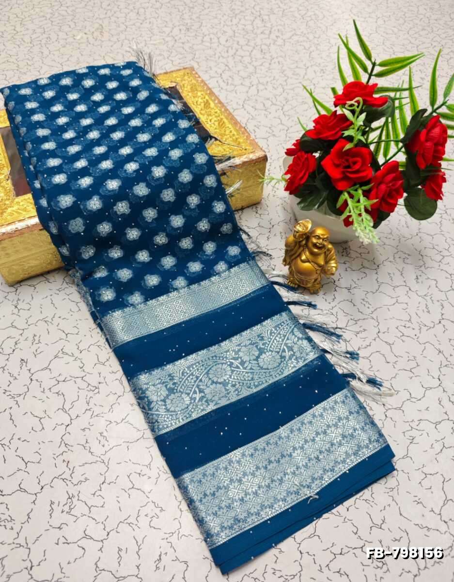 Premium Banarasi Silk Saree with Heavy Silver Zari & Stone Work Saree - NORMAL  BLUE