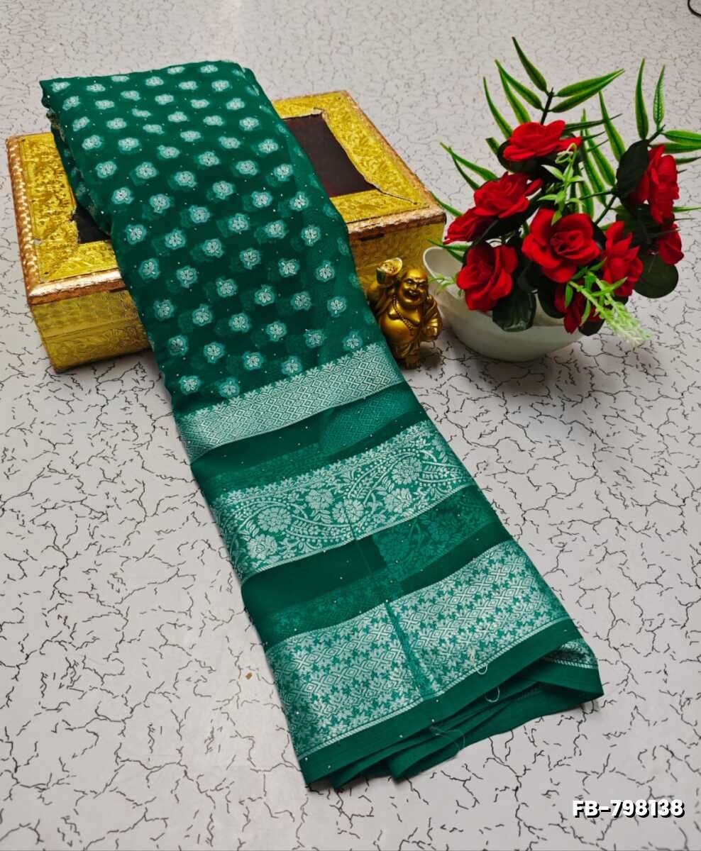 Premium Banarasi Silk Saree with Heavy Silver Zari & Stone Work Saree - DARK GREEN