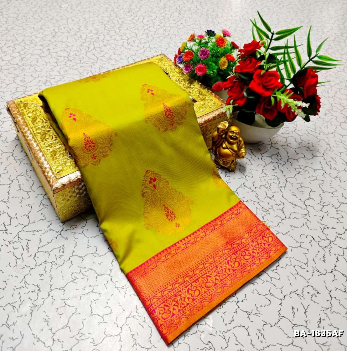 Premium Meena work Soft Silk Saree weddings, festivals, traditional Wear - LEMON GREEN N