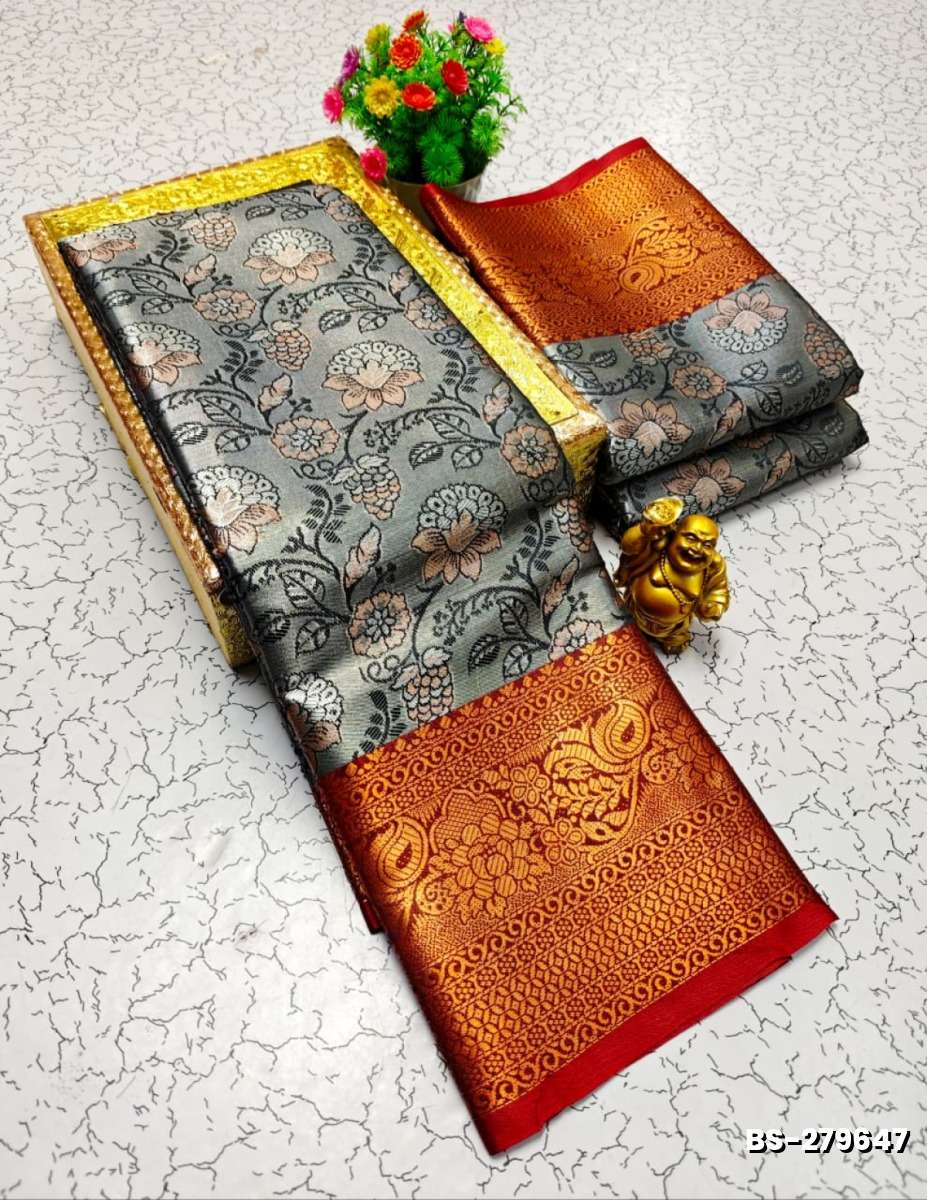 Premium Bridal Tissue Silk Saree with Intricate Zari Weave - GRAY