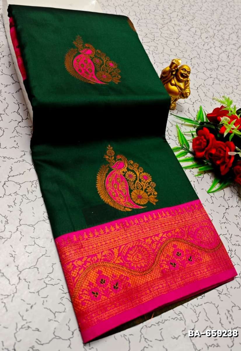 Premium Meena work Soft Silk Saree weddings, festivals, traditional Wear - DARK GREEN