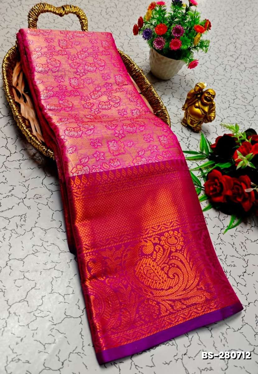 Premium Bridal Tissue Silk Saree with Intricate Zari Weave - PINK (2)