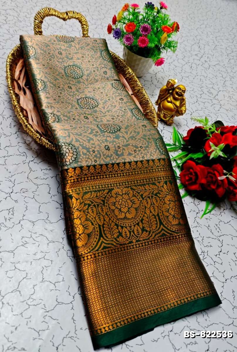 Premium Bridal Tissue Silk Saree with Intricate Zari Weave - BOTTLE GREEN (1)