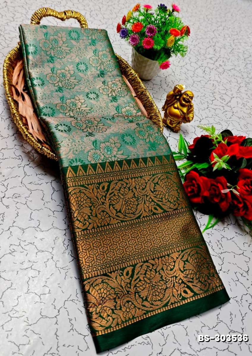 Premium Bridal Tissue Silk Saree with Intricate Zari Weave - BOTTLE GREEN