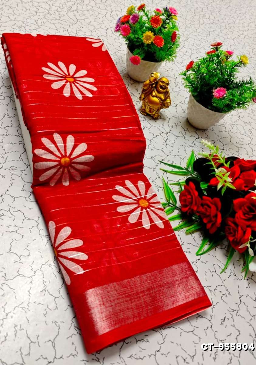 Traditional linen cotton saree comfort meets traditional flower design - RED