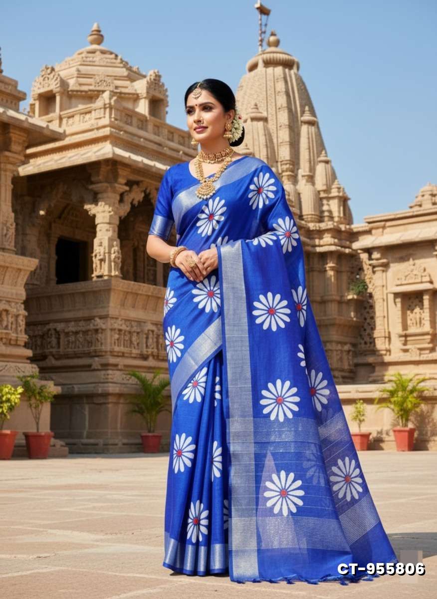Traditional linen cotton saree comfort meets traditional flower design - ROYAL BLUE