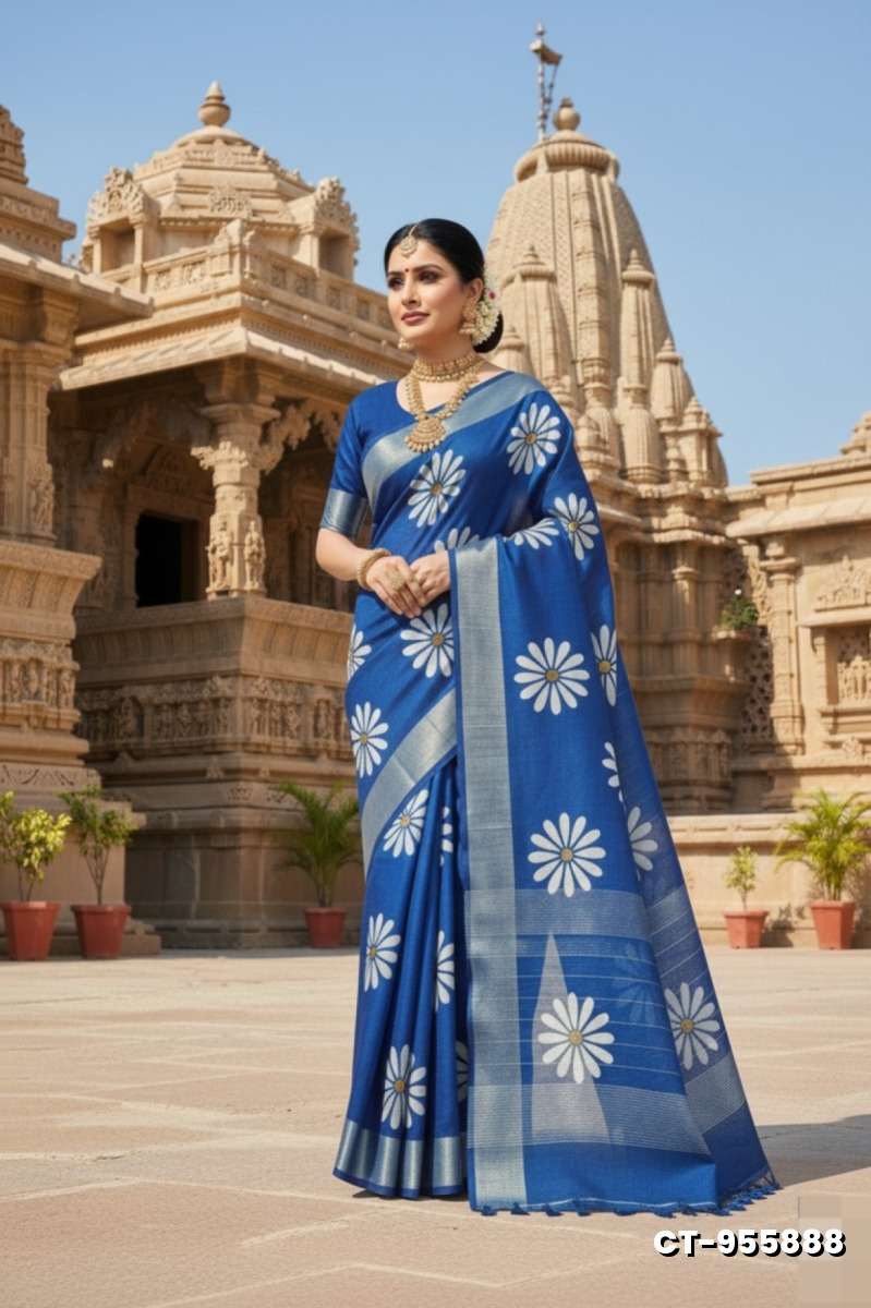 Traditional linen cotton saree comfort meets traditional flower design - PEACKOK BLUE