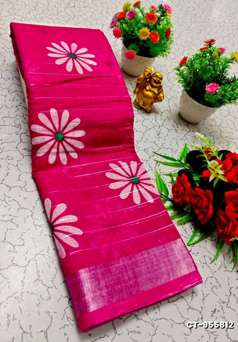 Traditional linen cotton saree comfort meets traditional flower design - PINK