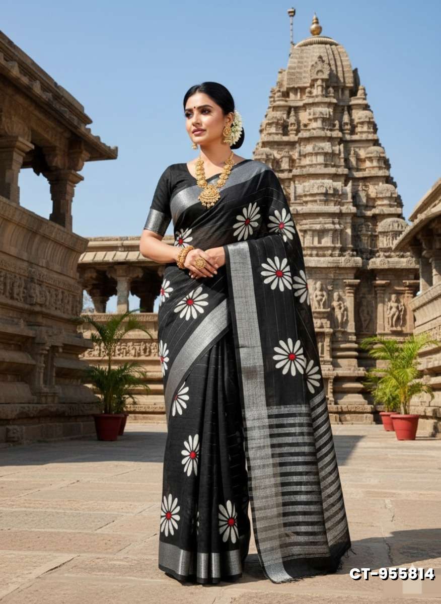 Traditional linen cotton saree comfort meets traditional flower design - BLACK